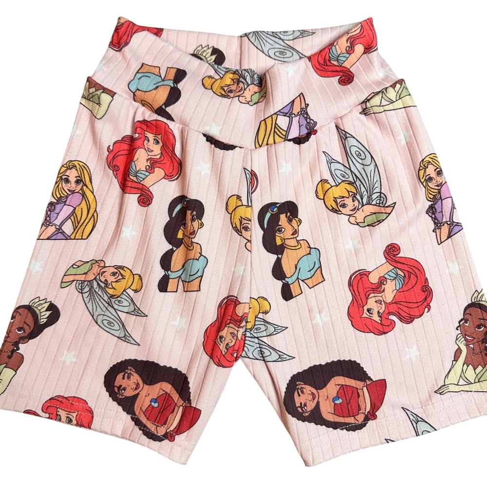 Handmade Disney Princess Shorts Pink Ribbed Knit Tinker Bell Ariel Moana Girls 6